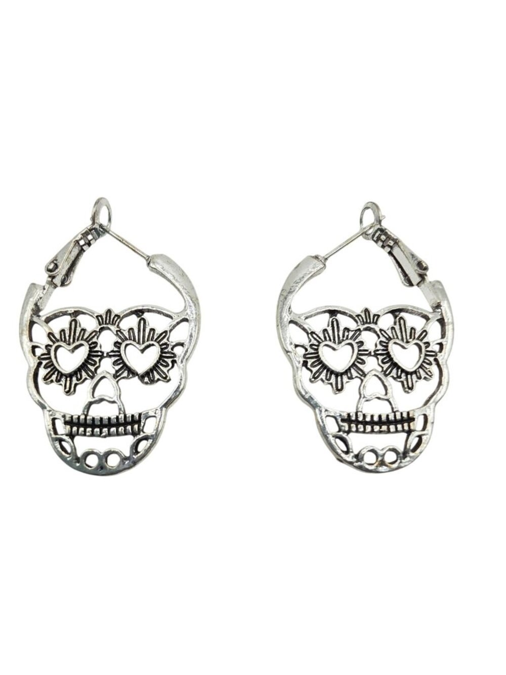 Sugar Skull Earrings Heart Eye Hoop Silver-Tone  Dia De Los Muertos Jewelry